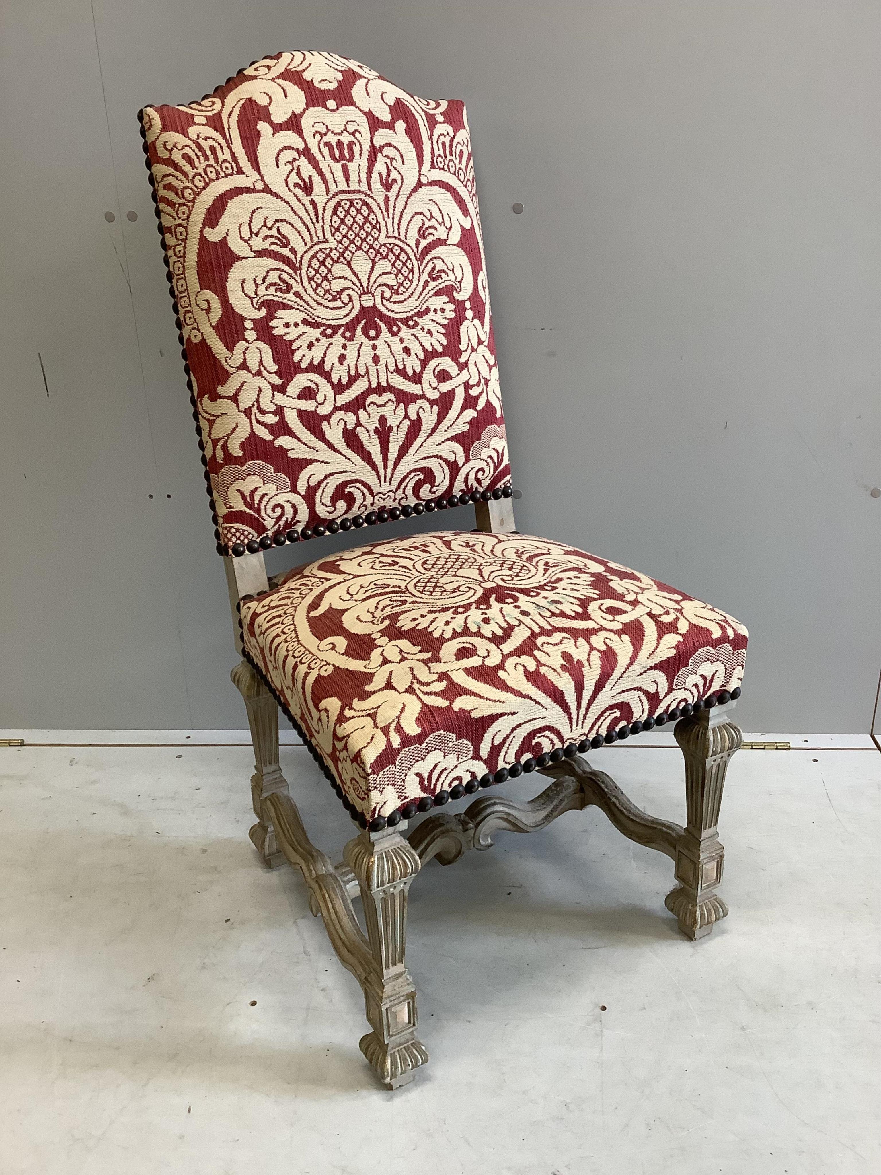A set of six Louis XIII style dining chairs, width 52cm, depth 50cm, height 106cm. Condition - fair